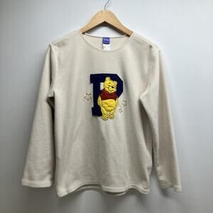 Vintage Disney Winnie Pooh Embroidered Fleece Varsity Sweatshirt Cream Size M